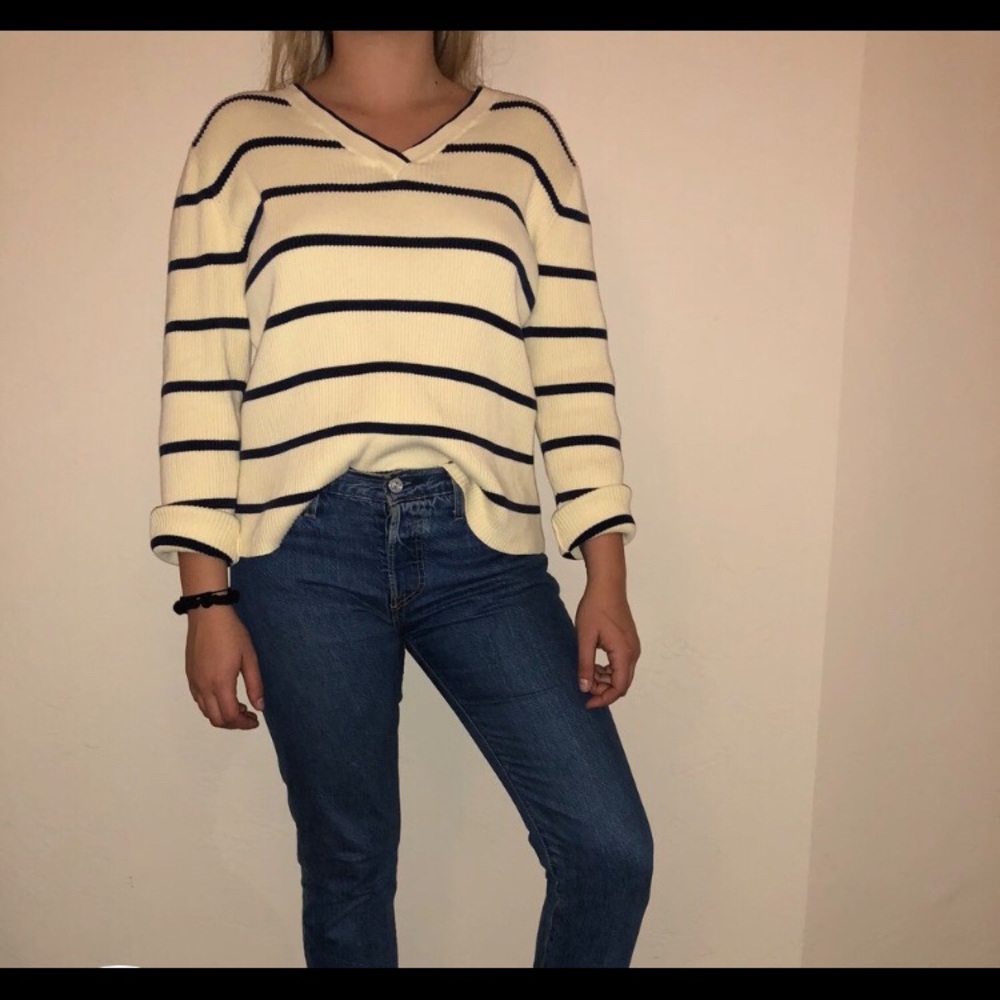 Yellow and navy blue striped sweater!!